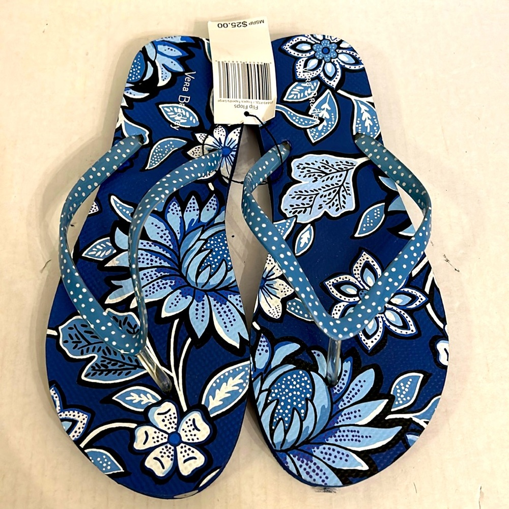 Vera Bradley Tropics Tapestry Flip Flops Blue White Floral Polka Dot NWT